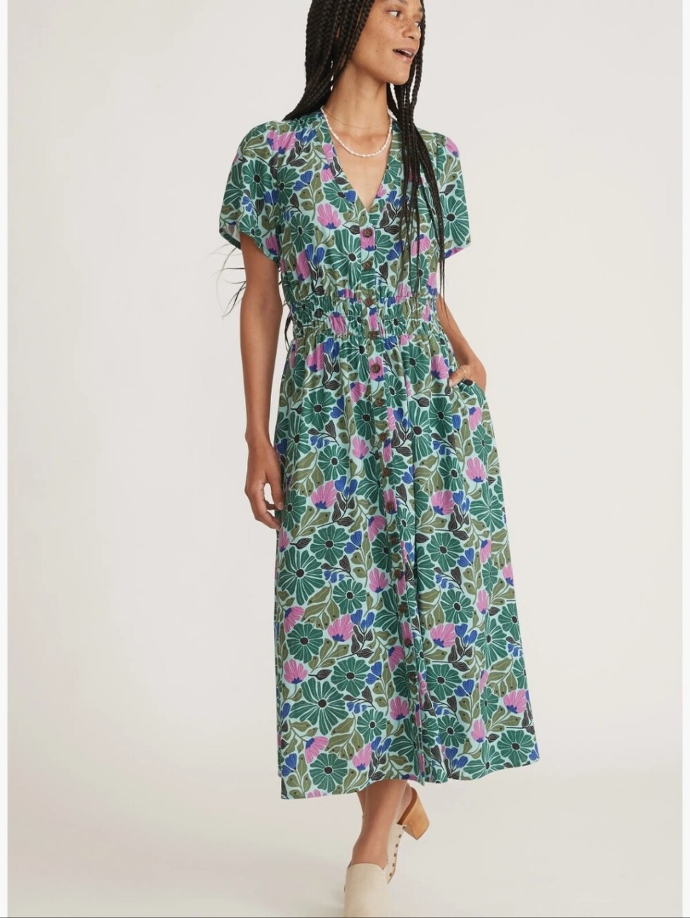 Marine Layer Annika Floral Midi Dress Green Floral Retro Print Women’s Size Med.